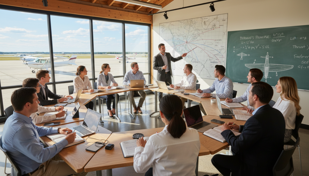 A classroom setting for private pilot ground school, showcasing a diverse group of students engaged in learning. In the foreground, a focused instructor points to a large wall-mounted navigation chart displaying flight routes and aerodynamics. Students, dressed in professional business attire, interact and take notes with focused expressions, seated at desks with flight manuals and aviation tools. The middle ground features a large whiteboard filled with written aviation formulas and diagrams. In the background, large windows reveal a sunny day outside, with glimpses of aircraft and a blue sky. The atmosphere is energetic and collaborative, with warm, natural lighting pouring in, enhancing the motivation to learn and succeed in aviation. Use a wide-angle lens to capture the entire classroom dynamic. A classroom setting for private pilot ground school, showcasing a diverse group of students engaged in learning. In the foreground, a focused instructor points to a large wall-mounted navigation chart displaying flight routes and aerodynamics. Students, dressed in professional business attire, interact and take notes with focused expressions, seated at desks with flight manuals and aviation tools. The middle ground features a large whiteboard filled with written aviation formulas and diagrams. In the background, large windows reveal a sunny day outside, with glimpses of aircraft and a blue sky. The atmosphere is energetic and collaborative, with warm, natural lighting pouring in, enhancing the motivation to learn and succeed in aviation. Use a wide-angle lens to capture the entire classroom dynamic.