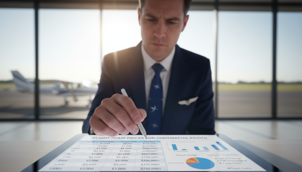 A close-up scene depicting a financial spreadsheet showcasing "flight hour prices" for aspiring commercial pilots. In the foreground, various colorful charts and graphs illustrate the costs involved in flight training, with flight hours prominently labeled. In the middle ground, a professional pilot, dressed in business attire, is studying the spreadsheet, looking focused and contemplative. The background features a blurred image of a flight school facility and an airplane parked on a runway, suggesting the aviation environment. The lighting is bright and natural, creating an optimistic and motivating atmosphere that highlights the significance of investment in training. Use a shallow depth of field to emphasize the details of the spreadsheet while keeping the pilot and background slightly out of focus.