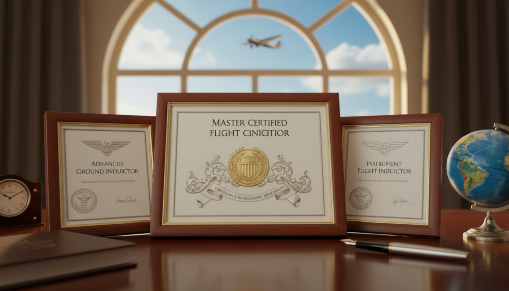 A close-up view of advanced flight instructor certificates displayed prominently on a polished wooden desk. In the foreground, the certificates are elegantly framed, showcasing intricate designs and embossed seals, with gold and silver accents highlighting their prestigious nature. The middle ground features a neatly organized workspace, including a stylish pen and a small globe representing aviation routes. In the background, a softly lit window reveals a glimpse of a clear blue sky and a small aircraft in flight, suggesting the world of aviation. The atmosphere is professional and aspirational, conveying a sense of achievement and potential for advancement. The lighting is warm and inviting, enhancing the sophistication of the scene, with a focus on clarity and detail.