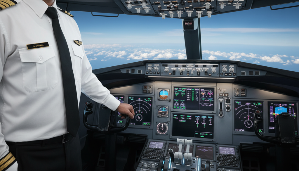 A commercial pilot standing confidently in a well-equipped cockpit, wearing a crisp white shirt and tie, with their hand resting casually on the controls. In the foreground, vivid details highlight the pilot’s uniform, including insignia and a polished name tag. The middle background features advanced cockpit instruments, illuminated dials, and large glass cockpit displays bathed in soft LED lighting, creating a high-tech atmosphere. Through the cockpit windows, a clear blue sky stretches wide, dotted with fluffy white clouds, adding depth to the scene. The overall mood conveys professionalism and aspiration, emphasizing the exciting yet challenging nature of a commercial pilot’s career. The image captures a sense of adventure and responsibility in the world of aviation.