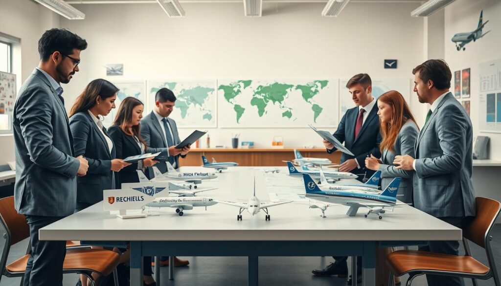A comparison scene showcasing various flight schools in an educational setting. In the foreground, a diverse group of individuals, dressed in professional business attire, are engaged in discussion while reviewing brochures and charts about different flight programs. In the middle ground, a large table features a selection of flight school logos and aircraft models, symbolizing the various schools. The background presents a bright, airy classroom filled with aviation-themed decorations, such as posters of aircraft and maps of flight routes. Soft, natural lighting streams through large windows, creating an inviting atmosphere. The image embodies a mood of focused decision-making and professionalism, highlighting the importance of evaluating key criteria when choosing a flight school.