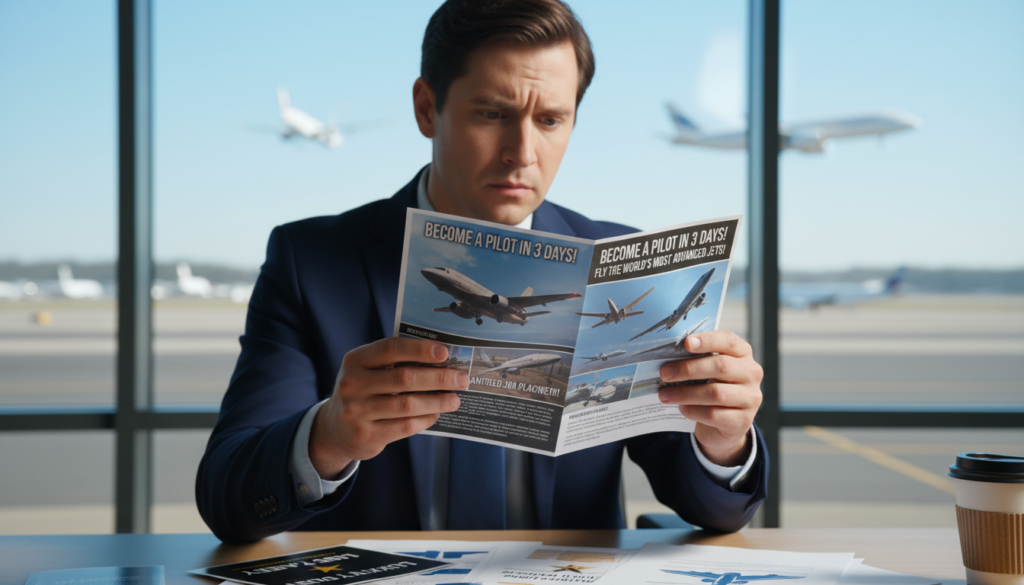 A concerned individual in professional business attire stands in the foreground, examining a misleading flight school advertisement that features exaggerated claims and unrealistic images of aircraft. In the middle layer, emphasize blurred, irrelevant promotional materials scattered on a desk, symbolizing deceit. The background shows an airport with a clear blue sky, subtly hinting at the aviation world but contrasting with the suspicious elements in the foreground. Soft, natural lighting illuminates the scene, creating a serious yet informative atmosphere, aimed at raising awareness. Use a shallow depth of field to keep the focus on the individual’s expression of caution and suspicion, signaling the importance of identifying red flags in flight school offers. A concerned individual in professional business attire stands in the foreground, examining a misleading flight school advertisement that features exaggerated claims and unrealistic images of aircraft. In the middle layer, emphasize blurred, irrelevant promotional materials scattered on a desk, symbolizing deceit. The background shows an airport with a clear blue sky, subtly hinting at the aviation world but contrasting with the suspicious elements in the foreground. Soft, natural lighting illuminates the scene, creating a serious yet informative atmosphere, aimed at raising awareness. Use a shallow depth of field to keep the focus on the individual’s expression of caution and suspicion, signaling the importance of identifying red flags in flight school offers.
