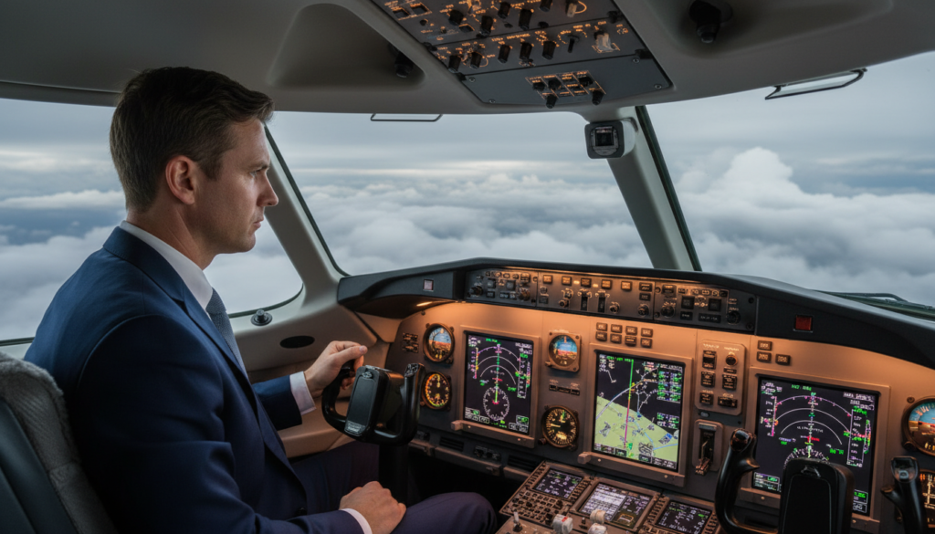 A confident private pilot in professional attire, seated in a modern cockpit, carefully analyzing an instrument panel filled with various gauges and screens, showcasing key flight data relevant for instrument rating. The foreground captures the pilot’s focused expression and hands on the controls. In the middle ground, the cockpit instruments glow gently, casting a warm light that highlights their details while the aircraft’s windows reveal a distant view of a cloudy sky, emphasizing the importance of instrument navigation. The background shows the subtle outlines of clouds, enhancing the atmospheric condition typical for instrument flying. Soft, diffused lighting adds a sense of professionalism and determination, creating a serious yet inspiring mood conducive to learning. A confident private pilot in professional attire, seated in a modern cockpit, carefully analyzing an instrument panel filled with various gauges and screens, showcasing key flight data relevant for instrument rating. The foreground captures the pilot’s focused expression and hands on the controls. In the middle ground, the cockpit instruments glow gently, casting a warm light that highlights their details while the aircraft’s windows reveal a distant view of a cloudy sky, emphasizing the importance of instrument navigation. The background shows the subtle outlines of clouds, enhancing the atmospheric condition typical for instrument flying. Soft, diffused lighting adds a sense of professionalism and determination, creating a serious yet inspiring mood conducive to learning.