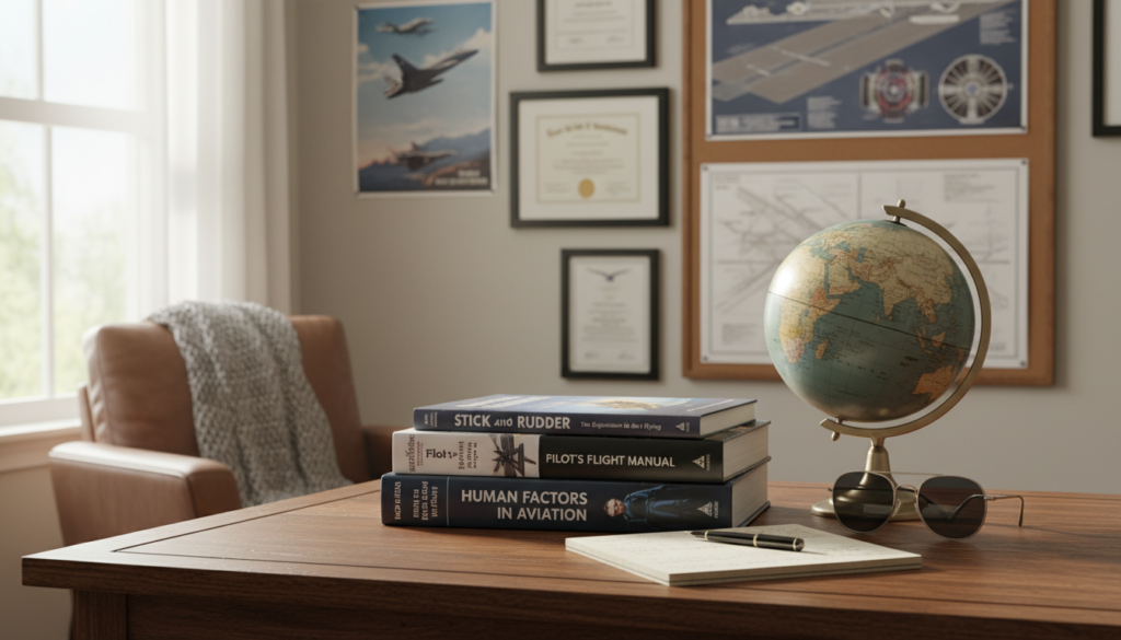 A cozy study space showcasing a collection of top pilot textbooks neatly arranged on a wooden desk. The foreground features three to four well-known titles, their covers displaying aviation-related graphics and technical drawings, illuminated by soft, natural light streaming in from a nearby window. In the middle ground, a vintage globe and a pair of classic aviator sunglasses add a touch of charm, while an open notebook and a pen suggest an atmosphere of active learning. The background presents a wall adorned with aviation posters and framed certifications, enhancing the educational vibe. The overall mood is inspiring and scholarly, promoting a sense of preparedness and enthusiasm for aspiring pilots. A cozy study space showcasing a collection of top pilot textbooks neatly arranged on a wooden desk. The foreground features three to four well-known titles, their covers displaying aviation-related graphics and technical drawings, illuminated by soft, natural light streaming in from a nearby window. In the middle ground, a vintage globe and a pair of classic aviator sunglasses add a touch of charm, while an open notebook and a pen suggest an atmosphere of active learning. The background presents a wall adorned with aviation posters and framed certifications, enhancing the educational vibe. The overall mood is inspiring and scholarly, promoting a sense of preparedness and enthusiasm for aspiring pilots.