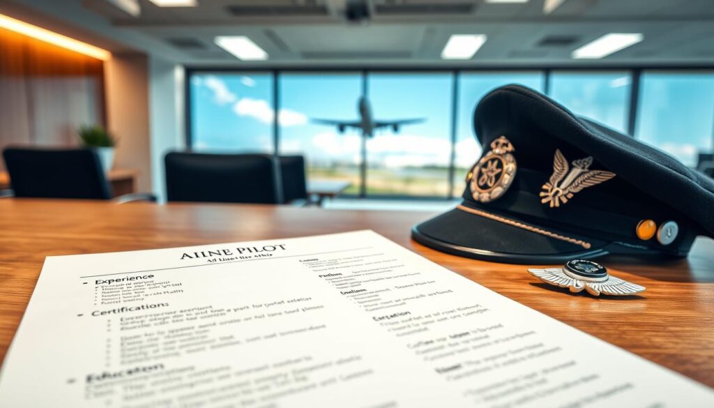 A detailed and polished airline pilot resume prominently displayed on a sleek wooden desk. In the foreground, the resume features sections like "Experience," "Certifications," and "Education," with bullet points neatly formatted. A black pilot's hat and a silver pilot's wings pin sit to the side, highlighting the profession. In the middle ground, a blurred image of an airplane taking off is visible through a large office window, adding context to the aviation career. The background consists of a modern office setting with warm lighting, creating a professional atmosphere. The composition is shot from a slightly elevated angle, providing a comprehensive view of the resume and accompanying elements, evoking motivation and ambition.