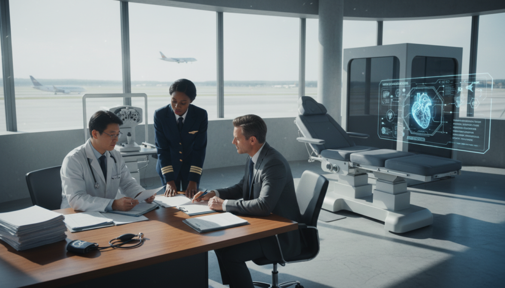 A detailed and professional scene depicting an aviation health examination room, focusing on the hidden and ongoing costs of pilot medical requirements. In the foreground, a diverse group of individuals in professional business attire—such as doctors and pilots—examining documents related to health standards, surrounded by medical equipment. The middle ground features a sleek, modern examination table with a medical chart illustrating pilot health metrics. In the background, large windows allow natural light to flood the room, casting soft shadows and creating a warm atmosphere. The mood is focused and serious, conveying the importance of ongoing health monitoring for pilots. Shot with a standard lens perspective for clarity and depth, ensuring all elements are sharply in focus without any text or distractions. A detailed and professional scene depicting an aviation health examination room, focusing on the hidden and ongoing costs of pilot medical requirements. In the foreground, a diverse group of individuals in professional business attire—such as doctors and pilots—examining documents related to health standards, surrounded by medical equipment. The middle ground features a sleek, modern examination table with a medical chart illustrating pilot health metrics. In the background, large windows allow natural light to flood the room, casting soft shadows and creating a warm atmosphere. The mood is focused and serious, conveying the importance of ongoing health monitoring for pilots. Shot with a standard lens perspective for clarity and depth, ensuring all elements are sharply in focus without any text or distractions.