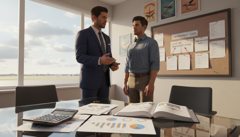 A detailed and vibrant office environment focused on the costs of adding endorsements for a Private Pilot License. In the foreground, a clear glass table showcasing a professional calculator, colorful charts, and an open flight training manual. Middle-ground features a passionate flight instructor, dressed in professional business attire, discussing with a focused student beside a large window, through which soft, natural light filters in, creating an inspiring atmosphere. The background displays aviation-themed posters and a bulletin board filled with endorsement costs and notes. The image conveys a sense of motivation and professionalism, highlighting the serious nature of flight training and the financial considerations involved. Lighting should be warm to enhance the welcoming mood, with a mild depth of field to keep the focus on the subjects at hand. A detailed and vibrant office environment focused on the costs of adding endorsements for a Private Pilot License. In the foreground, a clear glass table showcasing a professional calculator, colorful charts, and an open flight training manual. Middle-ground features a passionate flight instructor, dressed in professional business attire, discussing with a focused student beside a large window, through which soft, natural light filters in, creating an inspiring atmosphere. The background displays aviation-themed posters and a bulletin board filled with endorsement costs and notes. The image conveys a sense of motivation and professionalism, highlighting the serious nature of flight training and the financial considerations involved. Lighting should be warm to enhance the welcoming mood, with a mild depth of field to keep the focus on the subjects at hand.