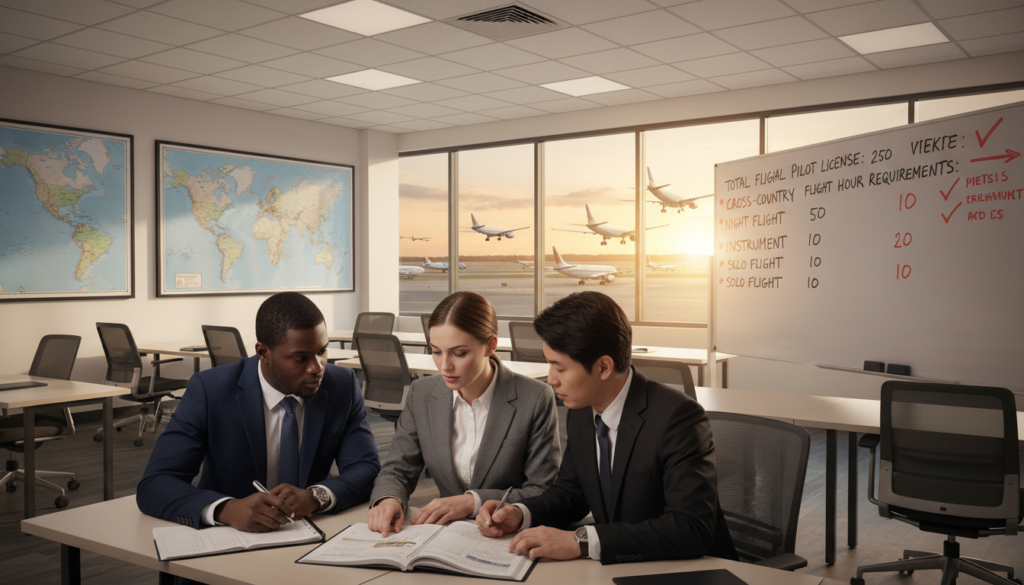 A detailed composite image illustrating flight hour requirements for aspiring commercial pilots. In the foreground, a diverse group of three pilots, two men and one woman, dressed in professional business attire, are intently studying a large, open flight training manual. In the middle ground, a modern classroom or briefing room is visible, featuring flight maps on the walls and a large whiteboard with flight hour checklists. The lighting is bright and focused, creating a motivational atmosphere. In the background, large windows show an airfield with aircraft taking off and landing, conveying a sense of professionalism and ambition. The angle of the shot is slightly elevated, giving a comprehensive view of the scene, emphasizing the path towards obtaining a Commercial Pilot License in a vibrant and inspiring environment. A detailed composite image illustrating flight hour requirements for aspiring commercial pilots. In the foreground, a diverse group of three pilots, two men and one woman, dressed in professional business attire, are intently studying a large, open flight training manual. In the middle ground, a modern classroom or briefing room is visible, featuring flight maps on the walls and a large whiteboard with flight hour checklists. The lighting is bright and focused, creating a motivational atmosphere. In the background, large windows show an airfield with aircraft taking off and landing, conveying a sense of professionalism and ambition. The angle of the shot is slightly elevated, giving a comprehensive view of the scene, emphasizing the path towards obtaining a Commercial Pilot License in a vibrant and inspiring environment.