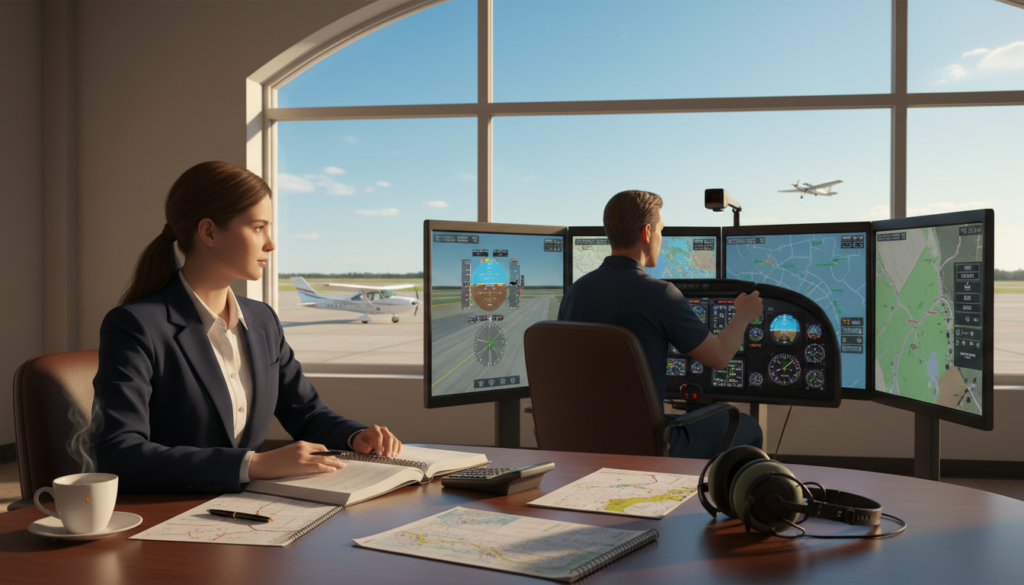 A detailed composition showcasing the journey of becoming a private pilot. In the foreground, a focused student in professional business attire sits at a desk, studying flight manuals and charts, with aviation tools like a calculator and headset scattered around. In the middle ground, there's an instructor demonstrating a flight simulator, surrounded by large screens displaying flight data, with realistic cockpit interfaces. The background features a sunlit window overlooking an airfield with small aircraft and a clear blue sky. The scene is illuminated with warm, natural light, creating an inspiring atmosphere that conveys determination and the pursuit of knowledge. The angle is slightly elevated, providing a comprehensive view of both the study environment and flight training elements. A detailed composition showcasing the journey of becoming a private pilot. In the foreground, a focused student in professional business attire sits at a desk, studying flight manuals and charts, with aviation tools like a calculator and headset scattered around. In the middle ground, there's an instructor demonstrating a flight simulator, surrounded by large screens displaying flight data, with realistic cockpit interfaces. The background features a sunlit window overlooking an airfield with small aircraft and a clear blue sky. The scene is illuminated with warm, natural light, creating an inspiring atmosphere that conveys determination and the pursuit of knowledge. The angle is slightly elevated, providing a comprehensive view of both the study environment and flight training elements.