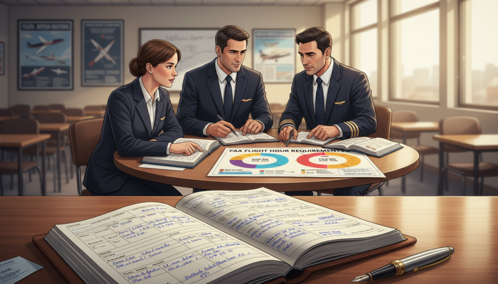 A detailed illustration of FAA flight hour requirements in a visually engaging and educational format. In the foreground, depict an open flight logbook filled with neatly recorded flight hours, accompanied by a stylized pen. In the middle, showcase a diverse group of professional pilots in business attire—two male and one female—collaborating around a table with aviation training materials and charts spread out. In the background, include a soft focus of an aviation classroom with instructional posters about flight regulations and testing. The lighting should be bright and inviting, simulating a daylit learning environment, while the overall atmosphere conveys a sense of serious preparation and ambition for aspiring pilots. A detailed illustration of FAA flight hour requirements in a visually engaging and educational format. In the foreground, depict an open flight logbook filled with neatly recorded flight hours, accompanied by a stylized pen. In the middle, showcase a diverse group of professional pilots in business attire—two male and one female—collaborating around a table with aviation training materials and charts spread out. In the background, include a soft focus of an aviation classroom with instructional posters about flight regulations and testing. The lighting should be bright and inviting, simulating a daylit learning environment, while the overall atmosphere conveys a sense of serious preparation and ambition for aspiring pilots.