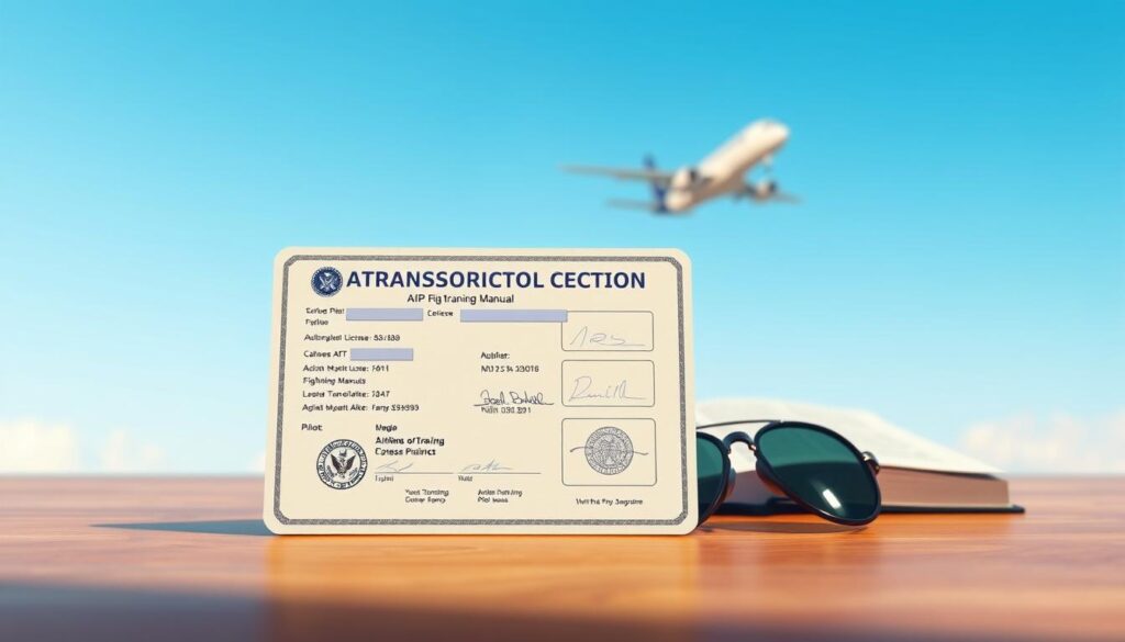A detailed illustration of an Airline Transport Pilot (ATP) License positioned prominently in the foreground, showcasing its intricate design elements, including authorization seals and signature areas. The license is displayed on a polished wooden surface, suggesting professionalism. In the middle ground, include an open flight training manual and a pair of pilot sunglasses, representing the journey of a pilot's education and experience. In the background, softly blurred, depict a faint silhouette of an airplane in flight against a clear blue sky. The lighting is bright and natural, enhancing the colors and textures of the items. The atmosphere is one of achievement and ambition, reflecting the significance of attaining an ATP license in a pilot's career.