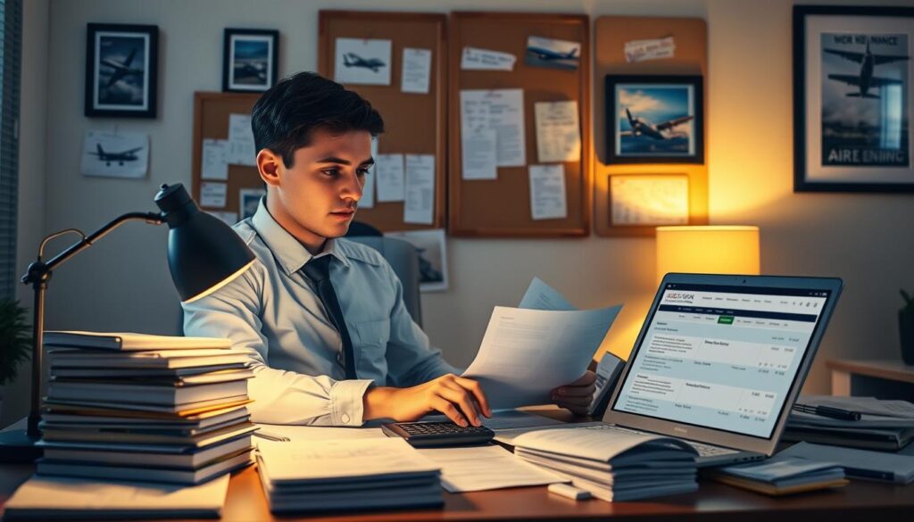 A determined young pilot in professional attire, seated at a desk cluttered with flight training materials and financial paperwork, calculates expenses while looking at a laptop displaying potential scholarships and loan options. The foreground features a stack of books on aviation finance and a calculator, with a warm desk lamp illuminating the scene. In the middle ground, a corkboard is pinned with notes and flyers about local job opportunities and funding options for pilots. The background showcases an aviation-themed wall adorned with framed aircraft images. Soft, ambient lighting creates an inspiring atmosphere, emphasizing focus and ambition as the pilot balances work and training in pursuit of their dream.