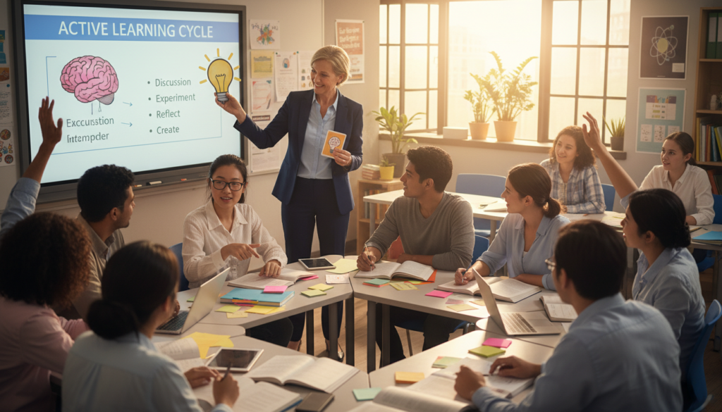 A dynamic classroom scene focusing on teaching techniques, featuring a diverse group of students engaged in an interactive lesson. In the foreground, a middle-aged female teacher, dressed in professional business attire, enthusiastically demonstrates a teaching method using visual aids. The students, of various ethnicities, exhibit expressions of curiosity and engagement. In the middle ground, colorful charts and educational materials are spread out on desks, while a whiteboard displays key concepts. The background shows large windows letting in warm, natural light that creates an inviting atmosphere. The angle is slightly elevated to capture the entire classroom, with a depth of field that softly blurs the distant elements, emphasizing the teacher and students in action. The overall mood is inspiring and collaborative, highlighting the essence of building teaching skills. A dynamic classroom scene focusing on teaching techniques, featuring a diverse group of students engaged in an interactive lesson. In the foreground, a middle-aged female teacher, dressed in professional business attire, enthusiastically demonstrates a teaching method using visual aids. The students, of various ethnicities, exhibit expressions of curiosity and engagement. In the middle ground, colorful charts and educational materials are spread out on desks, while a whiteboard displays key concepts. The background shows large windows letting in warm, natural light that creates an inviting atmosphere. The angle is slightly elevated to capture the entire classroom, with a depth of field that softly blurs the distant elements, emphasizing the teacher and students in action. The overall mood is inspiring and collaborative, highlighting the essence of building teaching skills.