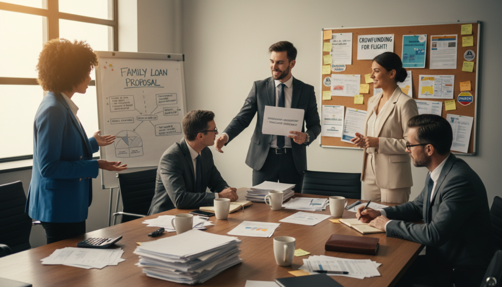 A dynamic scene depicting alternative ways to finance flight school, featuring a diverse group of individuals in professional business attire brainstorming ideas around a large table filled with paperwork, calculators, and coffee cups. In the foreground, a young woman enthusiastically presents a family loan proposal, while a middle-aged man jots down notes. In the middle ground, a younger man discusses sponsorship deals with a sponsor represented by a smiling businesswoman. The background displays an inspirational bulletin board showcasing creative cash strategies such as crowdfunding stickers and financial tips. Soft, warm lighting illuminates the room, creating a collaborative and hopeful atmosphere, shot from a slightly elevated angle to capture the engagement and teamwork among the individuals. A dynamic scene depicting alternative ways to finance flight school, featuring a diverse group of individuals in professional business attire brainstorming ideas around a large table filled with paperwork, calculators, and coffee cups. In the foreground, a young woman enthusiastically presents a family loan proposal, while a middle-aged man jots down notes. In the middle ground, a younger man discusses sponsorship deals with a sponsor represented by a smiling businesswoman. The background displays an inspirational bulletin board showcasing creative cash strategies such as crowdfunding stickers and financial tips. Soft, warm lighting illuminates the room, creating a collaborative and hopeful atmosphere, shot from a slightly elevated angle to capture the engagement and teamwork among the individuals.