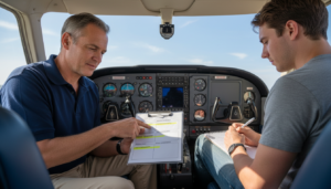 A flight instructor and a student in a small aircraft cockpit, engaged in a focused discussion about flight endorsements. The instructor, a middle-aged professional in a smart casual outfit, points to a checklist while the student, a young adult in modest casual attire, writes notes. In the foreground, display the pilot’s checklist with highlighted sections on solo, knowledge, and practical endorsements. In the middle ground, illuminate the aircraft's control panel with soft, natural light streaming through the cockpit windows. The background features a clear, blue sky visible outside the cockpit, conveying a sense of adventure and potential. The mood is encouraging and professional, highlighting the significance of flight training in developing skills and confidence.