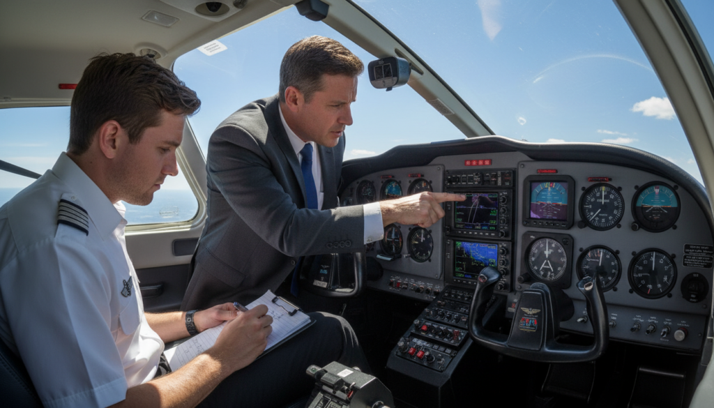 A flight instructor and a student pilot are engaged in a checkride, positioned inside a small aircraft cockpit. The instructor, dressed in professional business attire, is pointing towards the instrument panel, demonstrating a flight maneuver. The student, wearing a pilot's shirt with wings insignia, looks focused and taking notes on a clipboard. The cockpit is filled with various flight instruments, with sunlight filtering through the windows, creating a bright and dynamic atmosphere. Outside the cockpit, blue skies are visible, hinting at a bright day for flying. The image captures a moment of concentration, reflecting the intensity and seriousness of a flight checkride, while also showcasing teamwork and communication. The camera angle is slightly tilted from above, providing a comprehensive view of the cockpit and the subjects within. A flight instructor and a student pilot are engaged in a checkride, positioned inside a small aircraft cockpit. The instructor, dressed in professional business attire, is pointing towards the instrument panel, demonstrating a flight maneuver. The student, wearing a pilot's shirt with wings insignia, looks focused and taking notes on a clipboard. The cockpit is filled with various flight instruments, with sunlight filtering through the windows, creating a bright and dynamic atmosphere. Outside the cockpit, blue skies are visible, hinting at a bright day for flying. The image captures a moment of concentration, reflecting the intensity and seriousness of a flight checkride, while also showcasing teamwork and communication. The camera angle is slightly tilted from above, providing a comprehensive view of the cockpit and the subjects within.