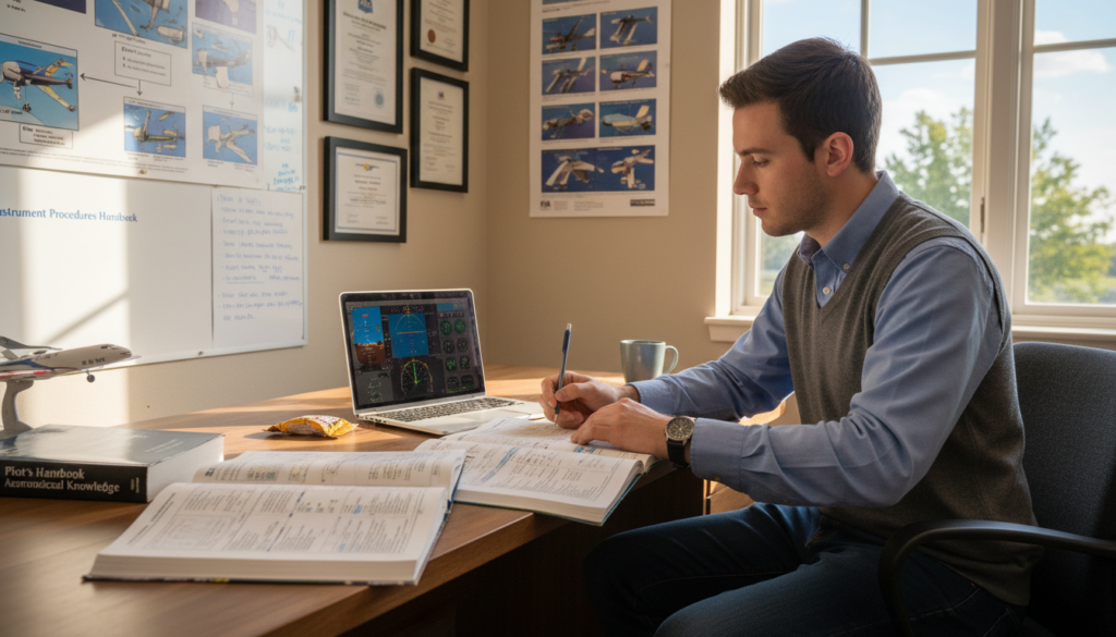 A focused scene depicting a student pilot sitting at a desk, studying for their Instrument Flight Rules (IFR) written test. In the foreground, the pilot, dressed in smart casual attire, is surrounded by open textbooks filled with charts, graphs, and aviation regulations. A laptop is displaying a simulation of flight instruments. In the middle ground, a wall adorned with various aviation certifications and posters showcasing flight maneuvers. The background features a well-organized study space with a window allowing soft, natural light to stream in, creating a bright and motivating atmosphere. The scene is captured from a slightly elevated angle, emphasizing the concentration and dedication of the student amidst a harmonious blend of focused study materials and aviation references. A focused scene depicting a student pilot sitting at a desk, studying for their Instrument Flight Rules (IFR) written test. In the foreground, the pilot, dressed in smart casual attire, is surrounded by open textbooks filled with charts, graphs, and aviation regulations. A laptop is displaying a simulation of flight instruments. In the middle ground, a wall adorned with various aviation certifications and posters showcasing flight maneuvers. The background features a well-organized study space with a window allowing soft, natural light to stream in, creating a bright and motivating atmosphere. The scene is captured from a slightly elevated angle, emphasizing the concentration and dedication of the student amidst a harmonious blend of focused study materials and aviation references.