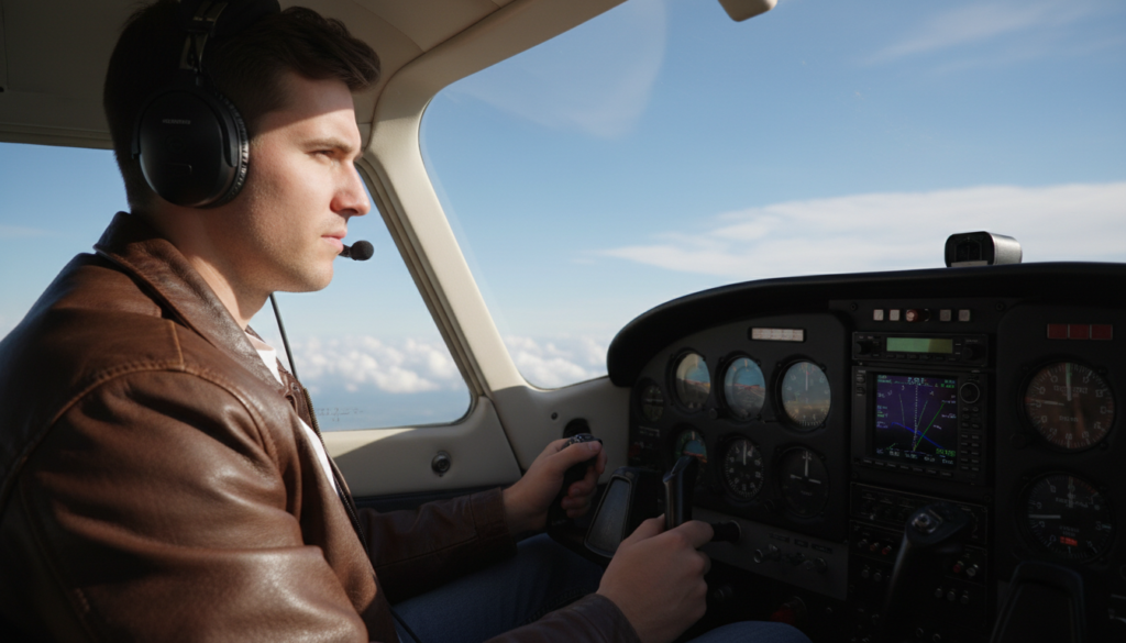 A focused student pilot performing solo skills in a small, single-engine airplane during flight. In the foreground, the pilot, a young adult in a flight jacket and headset, is confidently managing the controls with a look of concentration. In the middle ground, the cockpit shows the flight instruments with clear indicators of altitude and heading. The background features a blue sky scattered with fluffy white clouds, hinting at a safe flight environment. The lighting is bright and natural, emanating from the left side, casting soft shadows inside the cockpit. The angle captures the essence of the pilot's experience, evoking feelings of determination and excitement as they navigate their first solo flight maneuvers.