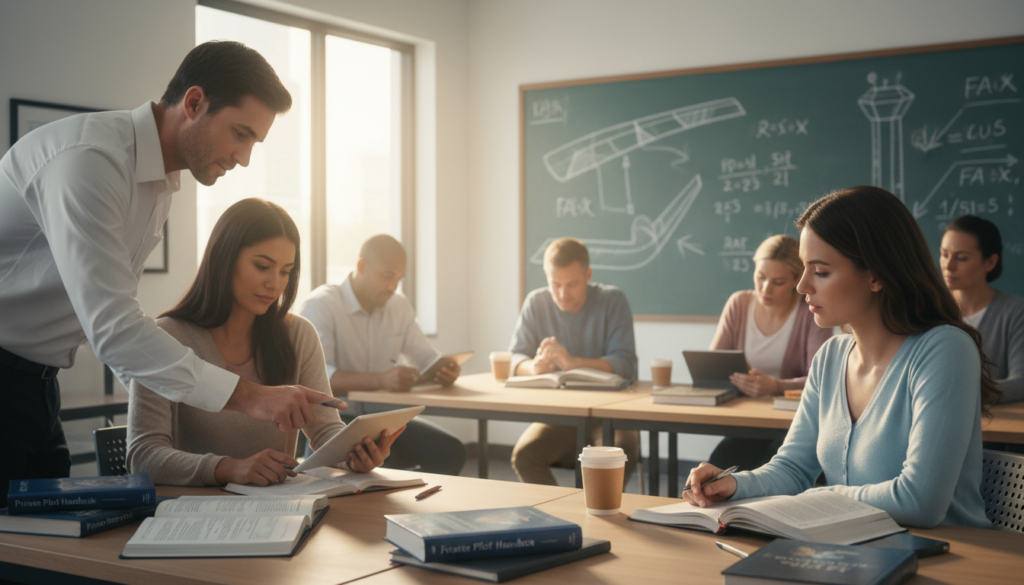 A focused study environment in a bright, modern classroom setting, featuring a diverse group of adult students preparing for a pilot written exam. In the foreground, a confident male instructor in a crisp white shirt, providing guidance to a female student reviewing her practice test on a tablet. Various aviation textbooks and study materials are scattered on the desks, emphasizing the examination theme. The middle background shows a large whiteboard with aviation diagrams and formulas, while a window lets in warm natural light, creating an inviting atmosphere. The image captures a sense of determination and collaboration, with soft lighting and a slight depth of field that adds to the focus on the students engaged in their studies. A focused study environment in a bright, modern classroom setting, featuring a diverse group of adult students preparing for a pilot written exam. In the foreground, a confident male instructor in a crisp white shirt, providing guidance to a female student reviewing her practice test on a tablet. Various aviation textbooks and study materials are scattered on the desks, emphasizing the examination theme. The middle background shows a large whiteboard with aviation diagrams and formulas, while a window lets in warm natural light, creating an inviting atmosphere. The image captures a sense of determination and collaboration, with soft lighting and a slight depth of field that adds to the focus on the students engaged in their studies.