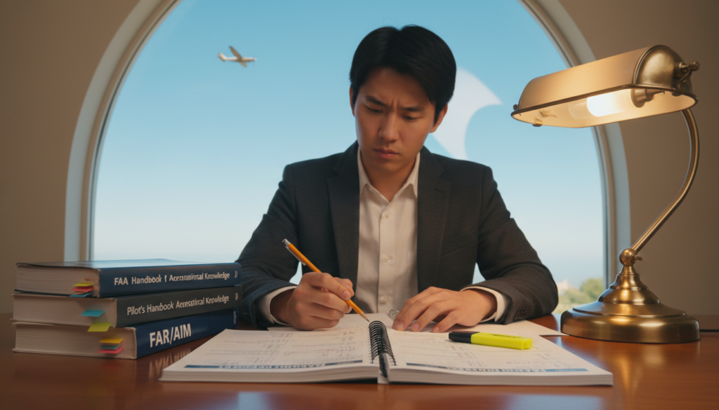A focused study scene depicting a private pilot written exam preparation setting. In the foreground, a neatly organized desk with an open exam booklet, pilot reference manuals, and a highlighter, illuminated by soft desk lamp lighting. The middle ground shows a focused individual, a young adult in professional business attire, diligently reviewing notes with a pencil in hand, embodying determination. In the background, a large window showcases a bright blue sky with a distant airplane, symbolizing the goal of flight. The overall atmosphere is one of concentration and aspiration, with warm, inviting lighting creating a sense of optimism and achievement. A focused study scene depicting a private pilot written exam preparation setting. In the foreground, a neatly organized desk with an open exam booklet, pilot reference manuals, and a highlighter, illuminated by soft desk lamp lighting. The middle ground shows a focused individual, a young adult in professional business attire, diligently reviewing notes with a pencil in hand, embodying determination. In the background, a large window showcases a bright blue sky with a distant airplane, symbolizing the goal of flight. The overall atmosphere is one of concentration and aspiration, with warm, inviting lighting creating a sense of optimism and achievement.