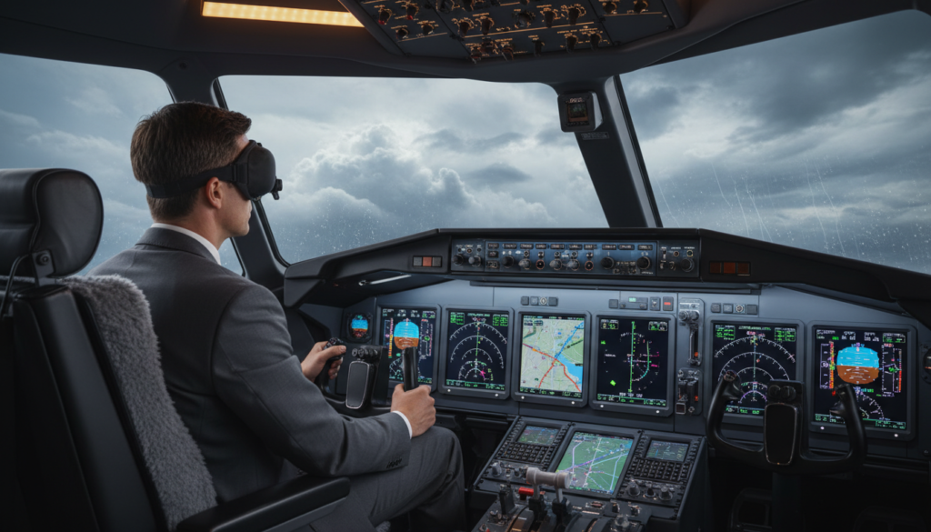 A modern flight simulator cockpit in the foreground, featuring a professional pilot in business attire, intently using a flight hood to simulate instrument flying. The middle ground shows detailed instrument panels and computer screens displaying flight data and navigation details. In the background, a realistic window reveals a cloudy sky, depicting challenging weather conditions typical of IFR flying. Soft, ambient lighting illuminates the scene, creating a focused and studious atmosphere. The angle is slightly elevated, providing a clear view of both the pilot's concentration and the high-tech equipment. The overall mood is one of professionalism, preparation, and dedication to mastering IFR skills.