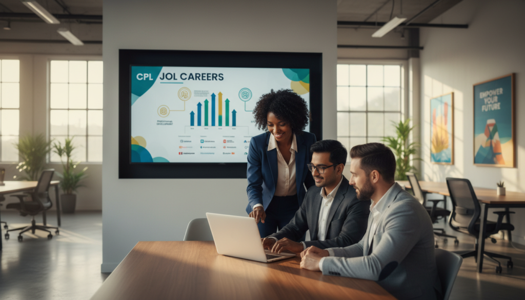 A modern office environment showcasing "CPL job opportunities". In the foreground, a diverse group of three professionals—two men and one woman—dressed in smart business attire, engaged in a discussion over a laptop displaying job listings. In the middle, a large screen shows a visually appealing infographic about CPL careers, featuring graphs and icons symbolizing growth and opportunity. The background features sleek office furniture, motivational posters on the walls, and large windows letting in natural light, casting soft reflections on the polished floor. The atmosphere conveys professionalism and a sense of ambition, with warm lighting to create a welcoming yet focused mood, captured from a slightly elevated angle to emphasize the interaction. A modern office environment showcasing "CPL job opportunities". In the foreground, a diverse group of three professionals—two men and one woman—dressed in smart business attire, engaged in a discussion over a laptop displaying job listings. In the middle, a large screen shows a visually appealing infographic about CPL careers, featuring graphs and icons symbolizing growth and opportunity. The background features sleek office furniture, motivational posters on the walls, and large windows letting in natural light, casting soft reflections on the polished floor. The atmosphere conveys professionalism and a sense of ambition, with warm lighting to create a welcoming yet focused mood, captured from a slightly elevated angle to emphasize the interaction.