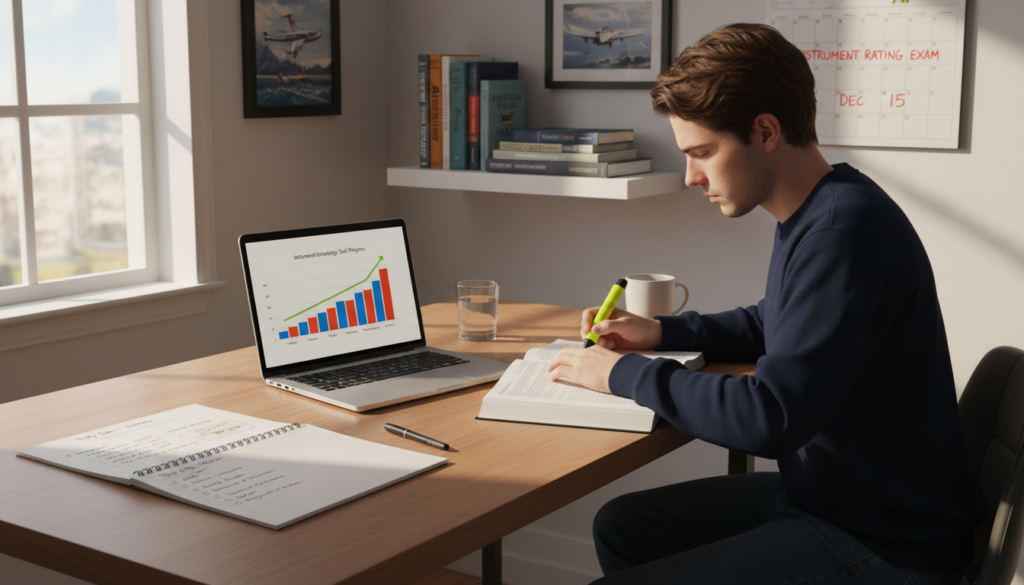 A modern workspace featuring a well-organized desk with a laptop displaying a colorful chart tracking study progress for an instrument knowledge test. In the foreground, a close-up of a notebook filled with handwritten notes and a checklist of study topics. In the middle, a focused individual in smart casual attire, actively reviewing materials with a highlighter in hand, conveying determination. Soft, natural lighting filtering through a window creates a warm ambiance, enhancing a sense of productivity. In the background, a shelf filled with aviation and navigation books, and a wall calendar marking important exam dates, showcasing a structured and inspiring study environment. The overall mood is motivated and focused, suitable for a dedicated learner preparing for an important exam.