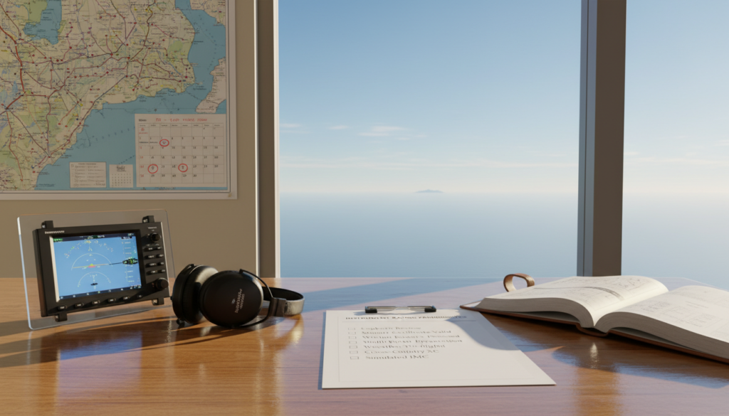 A neatly organized workspace, featuring a wooden desk with a glossy finish, is in the foreground. On the desk, a checklist is prominently displayed, detailing various instrument rating prerequisites like "Logbook Review", "Flight Plan Preparation", and "Weather Briefing". A sophisticated navigation system and a set of headphones lie adjacent to an open flight manual. In the middle ground, a large window showcases a clear blue sky and a distant horizon, symbolizing the anticipation of flight. Soft, natural light streams into the room, creating a calm and focused atmosphere, ideal for preparation. The background includes a wall-mounted map of air navigation routes and a calendar marked with important dates. The overall mood is professional, emphasizing diligence and readiness.