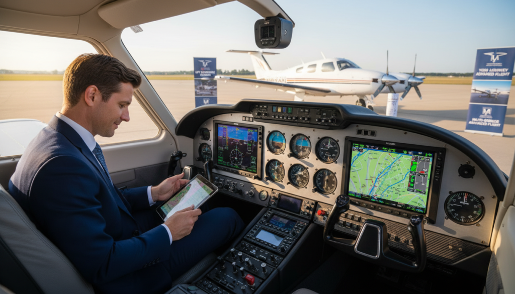 A polished cockpit scene featuring a single-engine airplane transitioning to a multi-engine setup, emphasizing instrument add-ons like advanced electronic flight displays and navigation systems. In the foreground, showcase a close-up view of a layered dashboard filled with gauges and flight instruments, bathed in soft, natural sunlight filtering through the cockpit windows. In the middle ground, capture a pilot in professional business attire, attentively reviewing a flight plan on a tablet. In the background, depict a multi-engine aircraft on a tarmac, surrounded by instructional materials indicating upgrade paths to IFR (Instrument Flight Rules). Create a dynamic mood of professionalism and focus, with a hint of excitement for the journey of upgrading skills. Use a wide-angle lens for a comprehensive perspective. A polished cockpit scene featuring a single-engine airplane transitioning to a multi-engine setup, emphasizing instrument add-ons like advanced electronic flight displays and navigation systems. In the foreground, showcase a close-up view of a layered dashboard filled with gauges and flight instruments, bathed in soft, natural sunlight filtering through the cockpit windows. In the middle ground, capture a pilot in professional business attire, attentively reviewing a flight plan on a tablet. In the background, depict a multi-engine aircraft on a tarmac, surrounded by instructional materials indicating upgrade paths to IFR (Instrument Flight Rules). Create a dynamic mood of professionalism and focus, with a hint of excitement for the journey of upgrading skills. Use a wide-angle lens for a comprehensive perspective.