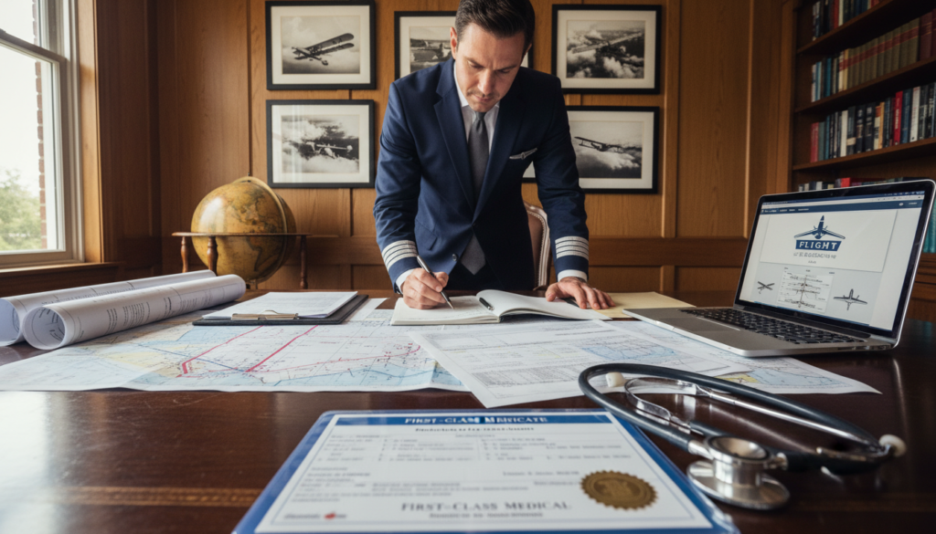 A private pilot in a professional business attire leans over a wooden desk cluttered with aviation charts, medical forms, and a laptop displaying a flight training program. In the foreground, a close-up view of a stethoscope and a pilot's medical certificate creates a sense of seriousness. The middle ground features the pilot thoughtfully examining the documents, with a warm, inviting office backdrop including framed aviation photos and a globe. Soft, natural lighting filters through a nearby window, casting gentle shadows that enhance the focus on the planning process. The atmosphere feels focused and diligent, emphasizing the importance of medical preparedness in training. The camera angle is slightly elevated, offering a comprehensive view of the scene without any distractions like text or watermarks. A private pilot in a professional business attire leans over a wooden desk cluttered with aviation charts, medical forms, and a laptop displaying a flight training program. In the foreground, a close-up view of a stethoscope and a pilot's medical certificate creates a sense of seriousness. The middle ground features the pilot thoughtfully examining the documents, with a warm, inviting office backdrop including framed aviation photos and a globe. Soft, natural lighting filters through a nearby window, casting gentle shadows that enhance the focus on the planning process. The atmosphere feels focused and diligent, emphasizing the importance of medical preparedness in training. The camera angle is slightly elevated, offering a comprehensive view of the scene without any distractions like text or watermarks.