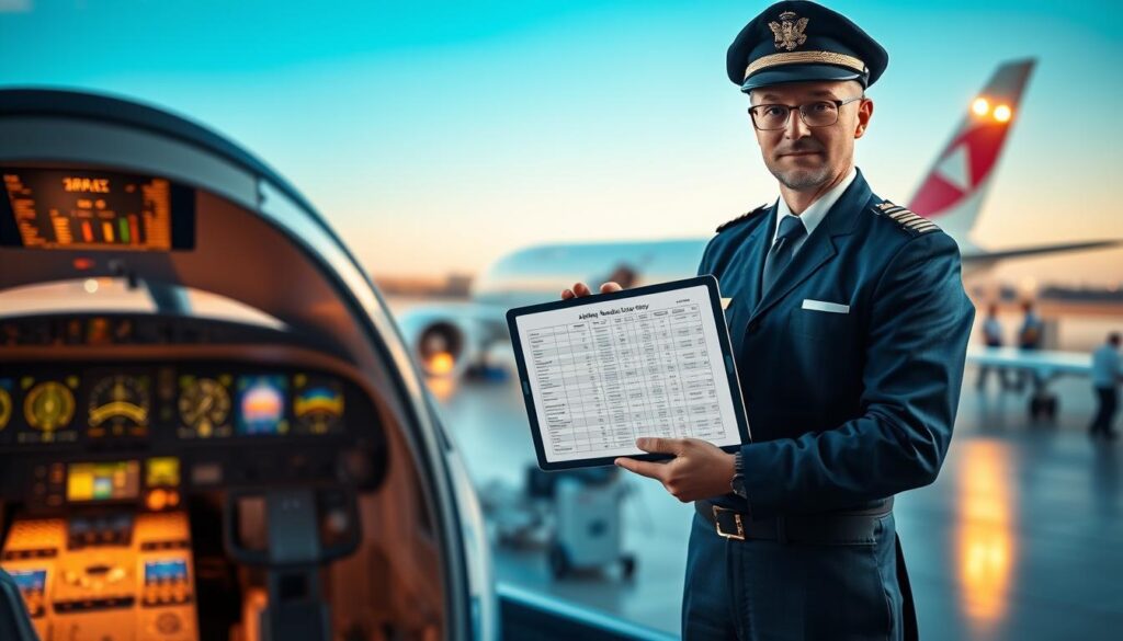 A professional airline pilot in a smart navy-blue uniform, confidently standing at the forefront of the image, examining a detailed airline seniority chart displayed on a digital tablet. In the middle ground, a sleek cockpit is partially visible, with flight instruments glowing softly in ambient lighting, suggesting a busy airport environment. The background features a large airplane at a bustling airport, with ground crew preparing for takeoff under a bright blue sky. The scene has a sense of ambition and professionalism, illuminated by warm, inviting light to create an encouraging atmosphere. The composition is shot from a slightly low angle to emphasize the pilot's determination and the significance of their career progression.
