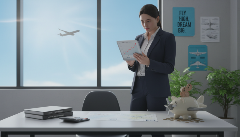 A professional and focused young adult in business attire, examining a financial chart on a digital tablet, symbolizing effective saving strategies for commercial pilot training. In the foreground, the individual stands at a sleek desk cluttered with aviation-related documents, a calculator, and a piggy bank representing savings. The middle ground features a large window with a bright, sunny sky and the silhouette of an airplane flying by, implying the journey towards becoming a pilot. The background includes a modern office setting with motivational aviation posters and plants, contributing to a positive atmosphere. The mood is optimistic and determined, with soft, natural lighting illuminating the scene, portraying the essence of investing wisely in one’s future.