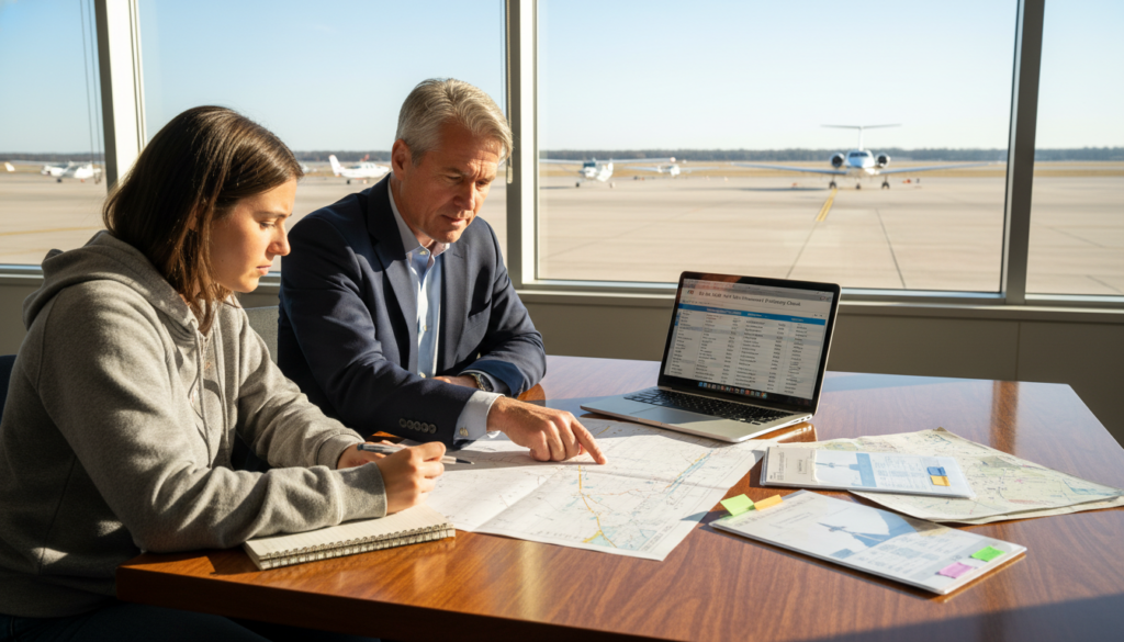 A professional aviation instructor and a focused student pilot are seated at a well-organized table filled with checklists, aviation charts, and a laptop displaying FAA guidelines. The instructor, dressed in a neat business attire, gestures towards a detailed flight plan while the student, in modest casual clothing, takes notes eagerly. In the background, large windows showcase an airfield with planes ready for takeoff under a clear blue sky, adding a sense of realism and urgency. Soft, natural lighting filters through the windows, creating a bright and encouraging atmosphere. The image conveys focus, professionalism, and the importance of preparation for FAA checkride renewal and updates.