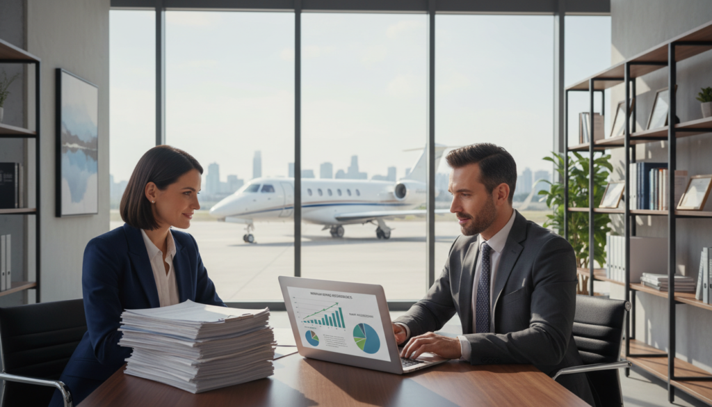 A professional corporate setting depicting a modern office environment focused on hiring minimums in the charter and corporate aviation sector. In the foreground, a well-dressed businesswoman and businessman in professional attire discuss over a table with a stack of resumes and a laptop open, showcasing charts and salary graphics. In the middle ground, a large window reveals a sleek corporate jet on the tarmac, symbolizing the aviation industry. The background features a stylish office design with muted tones and contemporary furnishings. Soft, natural light streams in from the window, creating a balanced and inviting atmosphere, emphasizing determination and professionalism. The scene conveys a sense of accomplishment and ambition in the aviation field.