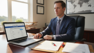 A professional flight instructor, dressed in business attire, sits at a desk in a well-lit office, attentively reviewing the Airmen Registry on a laptop. The foreground features a close-up of the laptop screen displaying information about the CFI (Certified Flight Instructor) current status. In the middle, an open folder containing aviation certification documents and a highlighter lies next to the laptop. The background includes aviation-themed decor, such as framed flight certificates on the wall and a small model airplane on the desk. Natural light streams through a window, casting soft shadows and creating a focused, professional atmosphere that emphasizes diligence and organization in maintaining flight instructor credentials. The image captures a sense of purpose and responsibility in the aviation field, Balance flight training