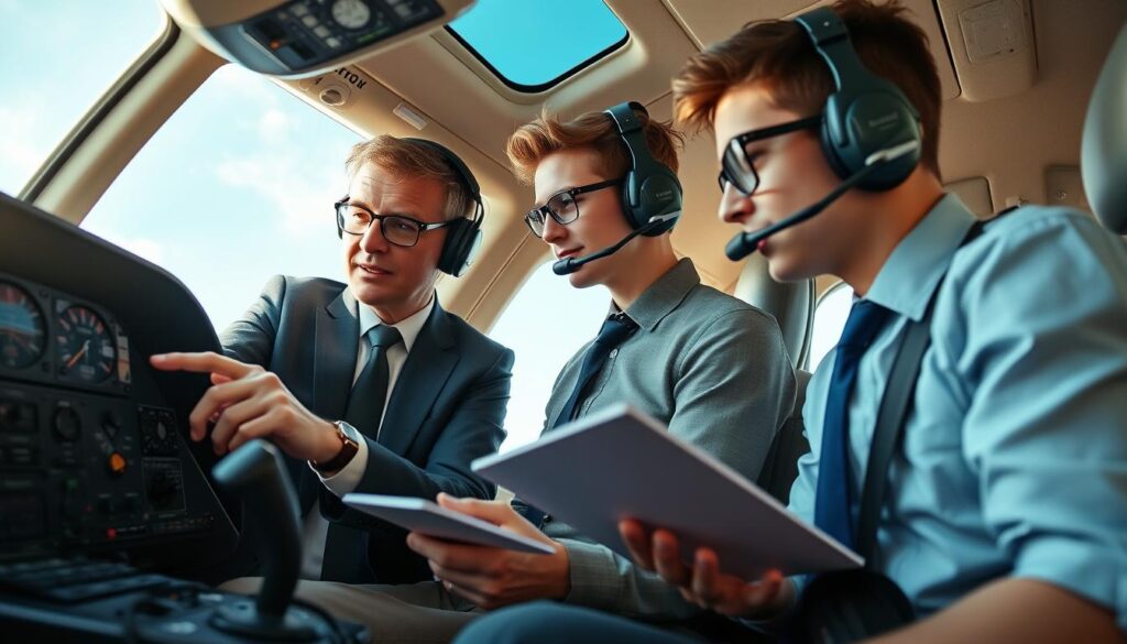 A professional flight instructor in a modern cockpit, engaging with a young student pilot. The instructor, wearing smart business attire, displays an attentive and encouraging demeanor, showcasing effective teaching methods as they point to flight instruments and discuss a flight plan. The student, dressed in casual yet professional aviation attire, shows eagerness and concentration, taking notes. In the background, large cockpit windows reveal a clear blue sky, symbolizing the freedom of flight. Soft, diffused lighting fills the space, creating a warm, inviting atmosphere that conveys professionalism and mentorship. The angle is slightly elevated, capturing both the instructor’s focused expression and the student’s engaged posture, emphasizing the essential qualities of top instructors.