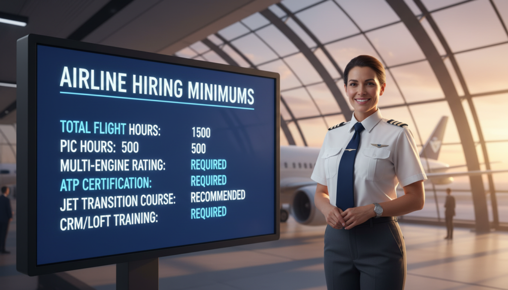 A professional flight instructor stands confidently in the foreground, dressed in a crisp white shirt and dark trousers, showcasing an air of competence. The middle ground features a large, illuminated digital display board with "Airline Hiring Minimums" outlined, clearly displaying key qualifications such as flight hours, certifications, and required skills. In the background, a sleek modern airport terminal with an aircraft wing visible through the large windows creates a vibrant atmosphere. Soft, natural lighting floods the scene, creating a welcoming and aspirational mood. The angle is slightly elevated, capturing both the instructor and the hiring board, symbolizing the transition from a flight instructor to an airline career. The overall composition emphasizes professionalism and ambition without any text or distractions.