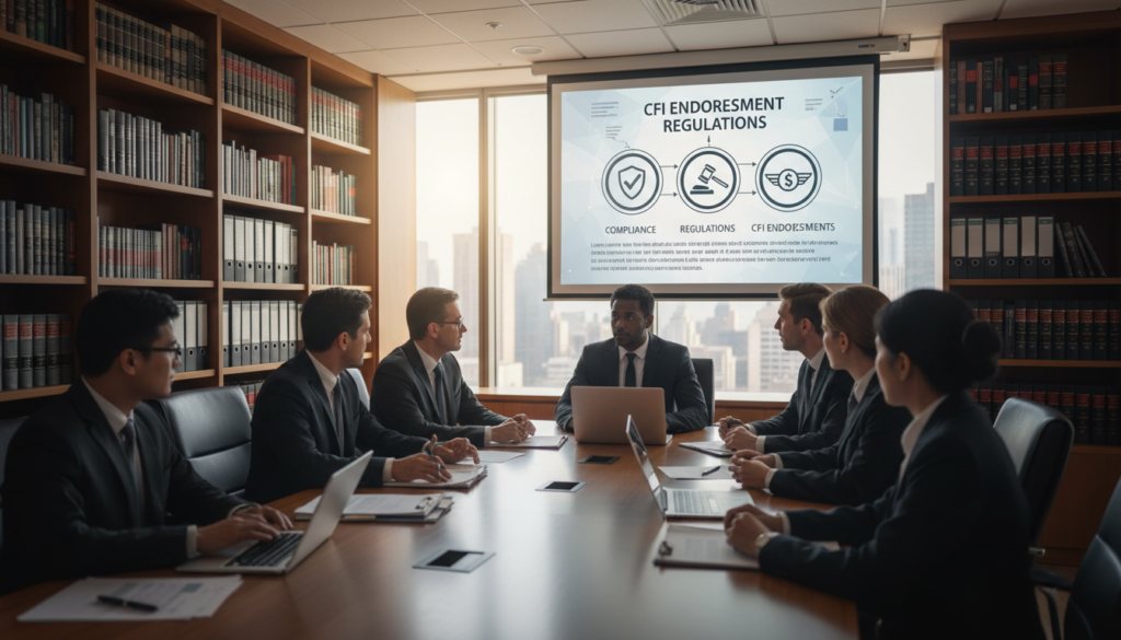 A professional office setting with a large conference table in the foreground, surrounded by diverse individuals in business attire engaged in a discussion about endorsement regulations. The middle ground features a projection screen displaying an abstract legal document with icons representing compliance, regulations, and CFI endorsements. In the background, bookshelves filled with legal texts and a window offering a cityscape view, softly lit by daylight. The atmosphere is collaborative and serious, with warm yet focused lighting, emphasizing the importance of regulatory requirements. The composition is captured from a slight angle to create depth, highlighting the professionalism and urgency of the topic.