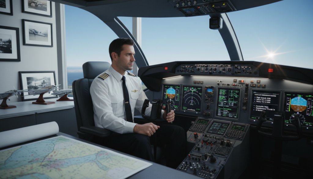 A professional pilot in a flight simulator, focused and immersed, wearing a crisp white shirt and dark trousers. The cockpit is detailed, with various instruments and screens displaying data related to instrument flying rules (IFR) and costs of getting an instrument rating. In the background, a well-organized office space with aviation-themed decor and a large window showcasing a clear blue sky. Soft, natural lighting illuminates the scene, while a slight lens flare adds a dynamic touch to the atmosphere, creating a mood of dedication and professionalism. The composition highlights the pilot's concentration, emphasizing the legal requirements for instrument currency in a clean, vibrant setting.