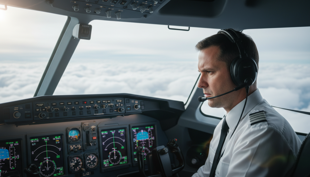 A professional pilot in a modern cockpit, meticulously focused on a multi-functional display screen showing navigational instruments. The foreground features the pilot wearing a crisp white shirt and tie, with flight headphones, showcasing an intense concentration. In the middle ground, an array of advanced avionics, including an altitude indicator and flight path display, illuminate the cockpit with a soft blue light. The background shows a panoramic view of cloudy skies, hinting at the challenges of instrument flight training. The atmosphere is one of determination and clarity, suggesting a moment of learning and mastery amidst the complexity of aviation. The lighting is dim yet vibrant, capturing the cockpit's ambiance effectively, with a slight lens flare from the instrumentation screens.