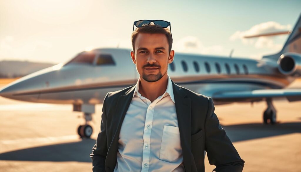 A professional private jet pilot stands confidently in the foreground, dressed in a crisp white shirt, dark navy blazer, and polished black shoes, with aviator sunglasses resting on his head. His focused expression conveys expertise and confidence. In the middle ground, the sleek design of a modern business jet gleams under the soft afternoon sunlight, its metallic surface reflecting a clear blue sky. The background features a well-maintained airport runway and a few scattered clouds, emphasizing the setup of a corporate aviation environment. The lighting is warm and inviting, enhancing the sense of professionalism and ambition in the scene. The atmosphere is energetic yet serene, perfectly encapsulating the allure of a corporate pilot's career in business aviation. A professional private jet pilot stands confidently in the foreground, dressed in a crisp white shirt, dark navy blazer, and polished black shoes, with aviator sunglasses resting on his head. His focused expression conveys expertise and confidence. In the middle ground, the sleek design of a modern business jet gleams under the soft afternoon sunlight, its metallic surface reflecting a clear blue sky. The background features a well-maintained airport runway and a few scattered clouds, emphasizing the setup of a corporate aviation environment. The lighting is warm and inviting, enhancing the sense of professionalism and ambition in the scene. The atmosphere is energetic yet serene, perfectly encapsulating the allure of a corporate pilot's career in business aviation.