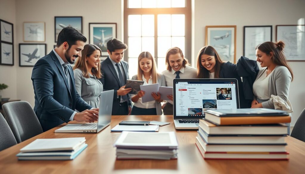 A professional workspace setting illustrating "Job Search Resources" for entry-level pilots. In the foreground, a diverse group of young adults in professional attire, including smart suits and business casual wear, enthusiastically collaborating around a large wooden table, examining aviation job listings on laptops and printed materials. In the middle ground, an open laptop displaying an aviation job search website and a stack of aviation-related books. The background features a large window with sunlight streaming in, casting a warm glow over the scene, with aviation-themed decor—framed images of airplanes and flight charts. The mood is hopeful and focused, capturing the excitement of starting a career in aviation. The composition uses a soft depth of field to highlight the individuals and their resources.