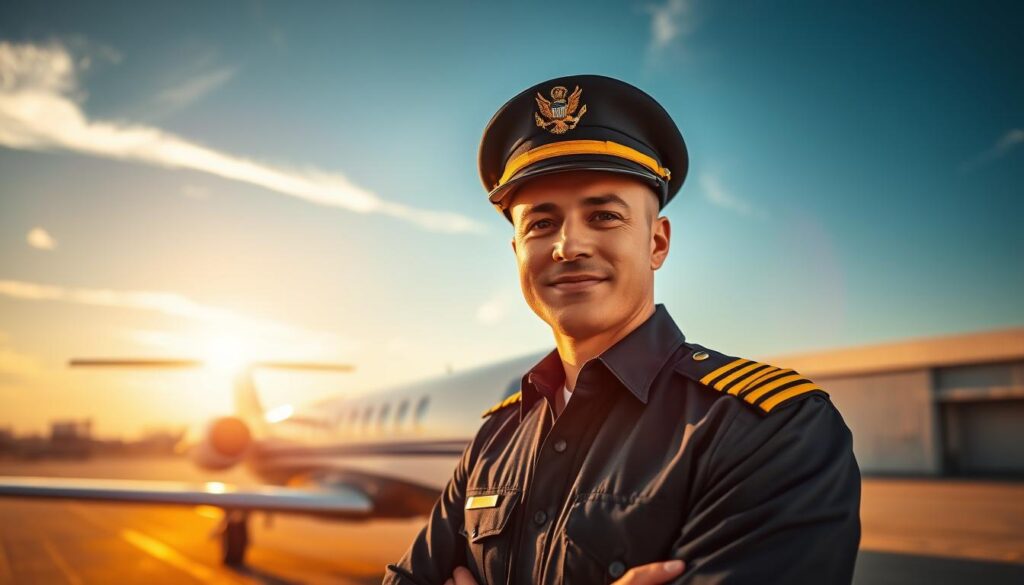 A regional airline pilot stands confidently in the foreground, wearing a crisply pressed navy blue uniform with a gold epaulet, complete with a pilot's hat. His expression radiates focus and determination. In the background, a sleek regional jet is stationed on the tarmac, bathed in the soft golden light of a late afternoon sun, creating a warm and inviting atmosphere. Wisps of clouds dot the vibrant blue sky overhead. The scene captures the essence of aviation, highlighting the excitement and professionalism associated with entry-level pilot jobs. The camera angle is slightly low, emphasizing the pilot's stature against the backdrop of the airplane, with a shallow depth of field to softly blur the background, drawing attention to the pilot.