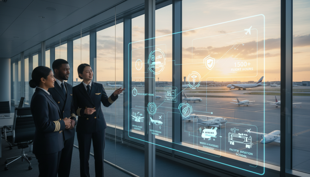A scenic view of a commercial pilot's career journey, featuring a split scene. In the foreground, a diverse group of three professional pilots, dressed in sharp, crisp uniforms, confidently discussing career pathways with a backdrop outlining flight schools and training centers. The middle layer showcases a detailed infographic with icons representing various prerequisites like flight hours, certifications, and medical evaluations, creatively integrated into the environment. The background captures an airport with planes on the runway, symbolizing job opportunities and a bustling aviation industry, bathed in warm, golden sunset light for an uplifting mood. The perspective is slightly angled to create depth, with a focus on the pilots' expressions of determination and ambition. A scenic view of a commercial pilot's career journey, featuring a split scene. In the foreground, a diverse group of three professional pilots, dressed in sharp, crisp uniforms, confidently discussing career pathways with a backdrop outlining flight schools and training centers. The middle layer showcases a detailed infographic with icons representing various prerequisites like flight hours, certifications, and medical evaluations, creatively integrated into the environment. The background captures an airport with planes on the runway, symbolizing job opportunities and a bustling aviation industry, bathed in warm, golden sunset light for an uplifting mood. The perspective is slightly angled to create depth, with a focus on the pilots' expressions of determination and ambition.