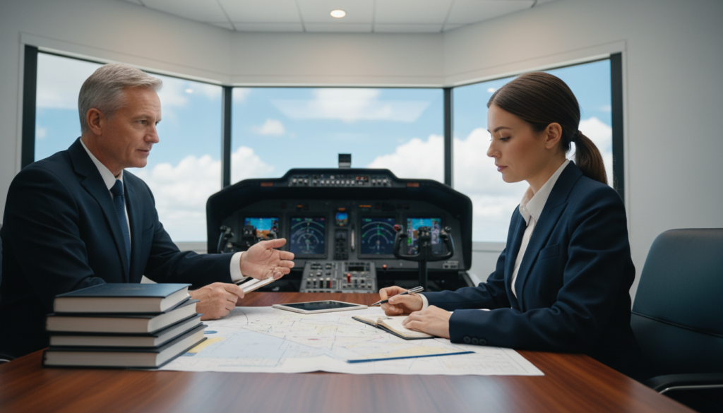 A serene aviation training environment for the theme of "commercial checkride decision." In the foreground, a determined young pilot in professional business attire reviews a flight plan on a table, surrounded by charts and aviation manuals. In the middle ground, an instructor stands with a clipboard, providing guidance and feedback. The background features a well-lit interior of a flight simulator room, complete with flight instruments and a large window showing a clear blue sky with clouds. Soft, natural lighting enhances the atmosphere, emphasizing focus and contemplation. The mood is one of professionalism and aspiration, reflecting the significant decision of pursuing a commercial aviation career. A serene aviation training environment for the theme of "commercial checkride decision." In the foreground, a determined young pilot in professional business attire reviews a flight plan on a table, surrounded by charts and aviation manuals. In the middle ground, an instructor stands with a clipboard, providing guidance and feedback. The background features a well-lit interior of a flight simulator room, complete with flight instruments and a large window showing a clear blue sky with clouds. Soft, natural lighting enhances the atmosphere, emphasizing focus and contemplation. The mood is one of professionalism and aspiration, reflecting the significant decision of pursuing a commercial aviation career.