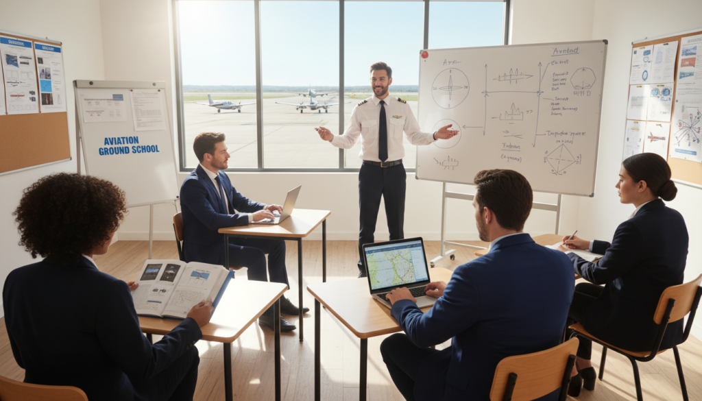 A serene classroom setting depicting a student pilot's ground school experience, with a clear focus on two groups of diverse individuals. In the foreground, a mixed-gender group of students is engaged at desks, with one person studying a flight manual and another using a laptop, all wearing professional business attire. In the middle ground, an instructor, positioned at a whiteboard, enthusiastically explains flight concepts, surrounded by charts and diagrams related to aviation. In the background, a window reveals a bright, sunny day outside, with a view of an airport runway and aircraft. Soft natural light fills the room, creating an inviting and collaborative atmosphere. The overall mood is insightful and motivating, emphasizing the importance of education in aviation. A serene classroom setting depicting a student pilot's ground school experience, with a clear focus on two groups of diverse individuals. In the foreground, a mixed-gender group of students is engaged at desks, with one person studying a flight manual and another using a laptop, all wearing professional business attire. In the middle ground, an instructor, positioned at a whiteboard, enthusiastically explains flight concepts, surrounded by charts and diagrams related to aviation. In the background, a window reveals a bright, sunny day outside, with a view of an airport runway and aircraft. Soft natural light fills the room, creating an inviting and collaborative atmosphere. The overall mood is insightful and motivating, emphasizing the importance of education in aviation.