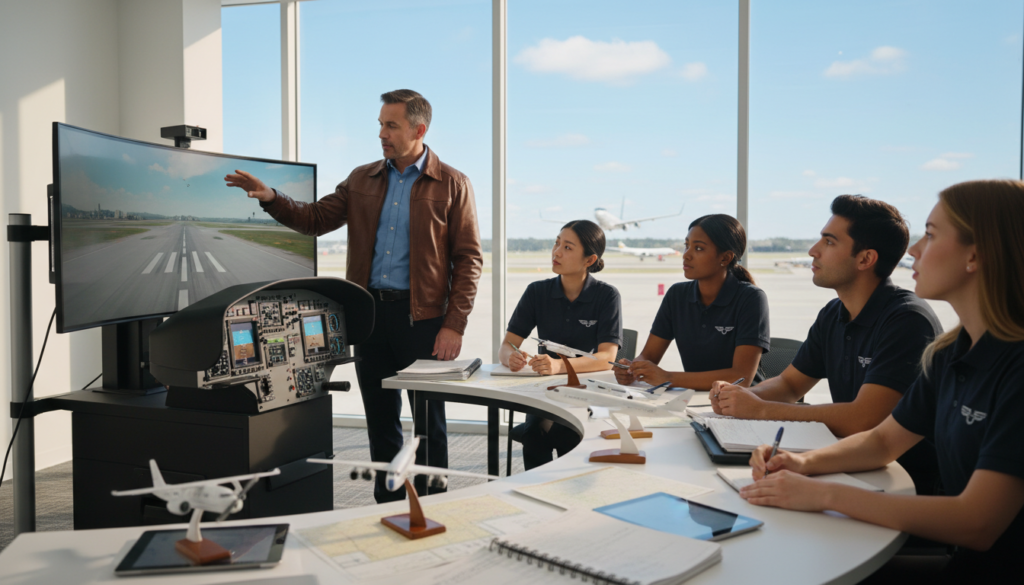 A serene flight training environment inside a modern aviation classroom. In the foreground, a flight instructor, a middle-aged Caucasian male wearing a well-fitted flight jacket and a neat shirt, stands confidently next to a flight simulator, pointing toward the screen as he explains flight techniques to a diverse group of attentive student pilots, reflecting professionalism. In the middle, elements of aviation are highlighted, such as charts, models of aircraft, and flight manuals scattered on the desks. In the background, large windows reveal a clear blue sky with aircraft taking off, emphasizing the dynamic nature of flight training. Soft, natural daylight pours into the room, creating a warm, inviting atmosphere, while a slight depth of field emphasizes the instructor and students, suggesting engagement and flexibility in their scheduled training sessions.