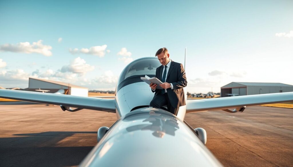 A serene flight training environment showcasing a low-cost hour building concept. In the foreground, a small, modestly designed training aircraft is parked, with a pilot, dressed in professional business attire, reviewing a flight log. The middle ground features a small general aviation airport, with well-maintained tarmac, a few other aircraft in the distance, and an inviting hangar. The background displays a bright blue sky with soft, fluffy clouds, hinting at an ideal flying day. The scene is illuminated by warm, natural sunlight, creating a welcoming and aspirational atmosphere. The angle captures the aircraft from a low vantage point, emphasizing its accessibility and inviting nature for aspiring pilots. A serene flight training environment showcasing a low-cost hour building concept. In the foreground, a small, modestly designed training aircraft is parked, with a pilot, dressed in professional business attire, reviewing a flight log. The middle ground features a small general aviation airport, with well-maintained tarmac, a few other aircraft in the distance, and an inviting hangar. The background displays a bright blue sky with soft, fluffy clouds, hinting at an ideal flying day. The scene is illuminated by warm, natural sunlight, creating a welcoming and aspirational atmosphere. The angle captures the aircraft from a low vantage point, emphasizing its accessibility and inviting nature for aspiring pilots.