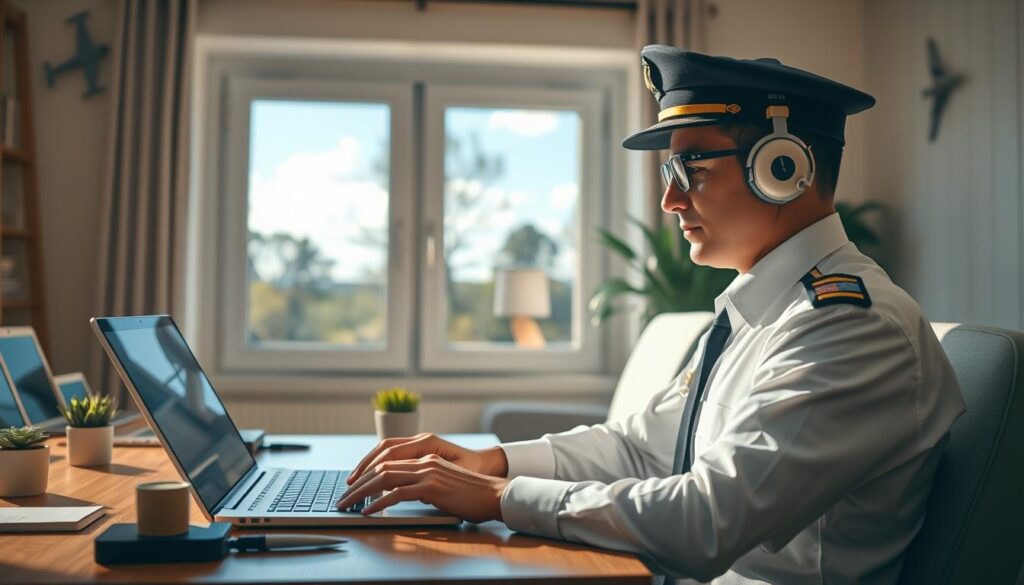 A serene image depicting a pilot in a comfortable home office setting, showcasing the concept of work-life balance. In the foreground, a professional-looking pilot in a crisp uniform, with a relaxed posture, is sitting at a wooden desk, reviewing flight schedules on a laptop. A few personal items, such as family photos and a small plant, add warmth to the space. In the middle background, a bright window shows a calm outdoor scene with trees and blue skies, symbolizing freedom and nature. The lighting is soft and warm, creating an inviting atmosphere. A hint of aviation-themed decor can be seen, such as a model airplane or uniform insignia on the wall, subtly reinforcing the pilot's profession while emphasizing a balanced lifestyle.