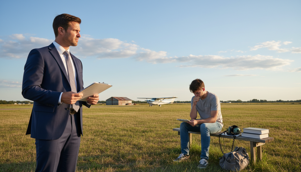 A serene outdoor scene capturing a flight instructor on checkride day. In the foreground, a professional-looking flight instructor dressed in a smart business suit stands confidently holding a flight checklist, with a focused expression that showcases determination. In the middle ground, an anxious student, dressed in modest casual clothing, sits on a bench, nervously reviewing notes, surrounded by various aviation-related tools and equipment. The background features a bright blue sky with a few fluffy clouds, along with an airplane parked at a nearby small airstrip, symbolizing the importance of preparation and composure. The lighting is soft, casting gentle shadows and creating a calm, reassuring atmosphere that conveys the mood of overcoming nerves. Shot from a slightly elevated angle to capture the scene's depth. A serene outdoor scene capturing a flight instructor on checkride day. In the foreground, a professional-looking flight instructor dressed in a smart business suit stands confidently holding a flight checklist, with a focused expression that showcases determination. In the middle ground, an anxious student, dressed in modest casual clothing, sits on a bench, nervously reviewing notes, surrounded by various aviation-related tools and equipment. The background features a bright blue sky with a few fluffy clouds, along with an airplane parked at a nearby small airstrip, symbolizing the importance of preparation and composure. The lighting is soft, casting gentle shadows and creating a calm, reassuring atmosphere that conveys the mood of overcoming nerves. Shot from a slightly elevated angle to capture the scene's depth.